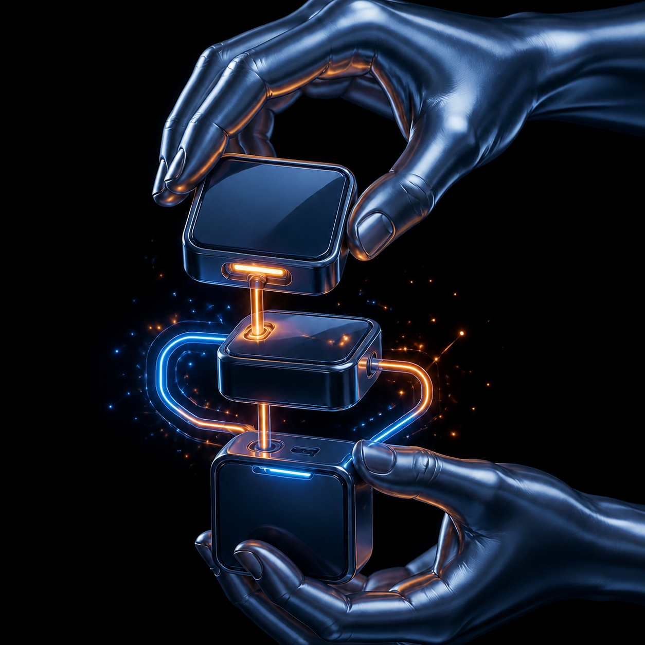 Metallic hands assembling connected blue and orange modules