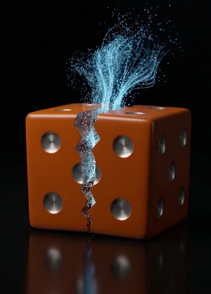 Orange die splitting open with blue energy