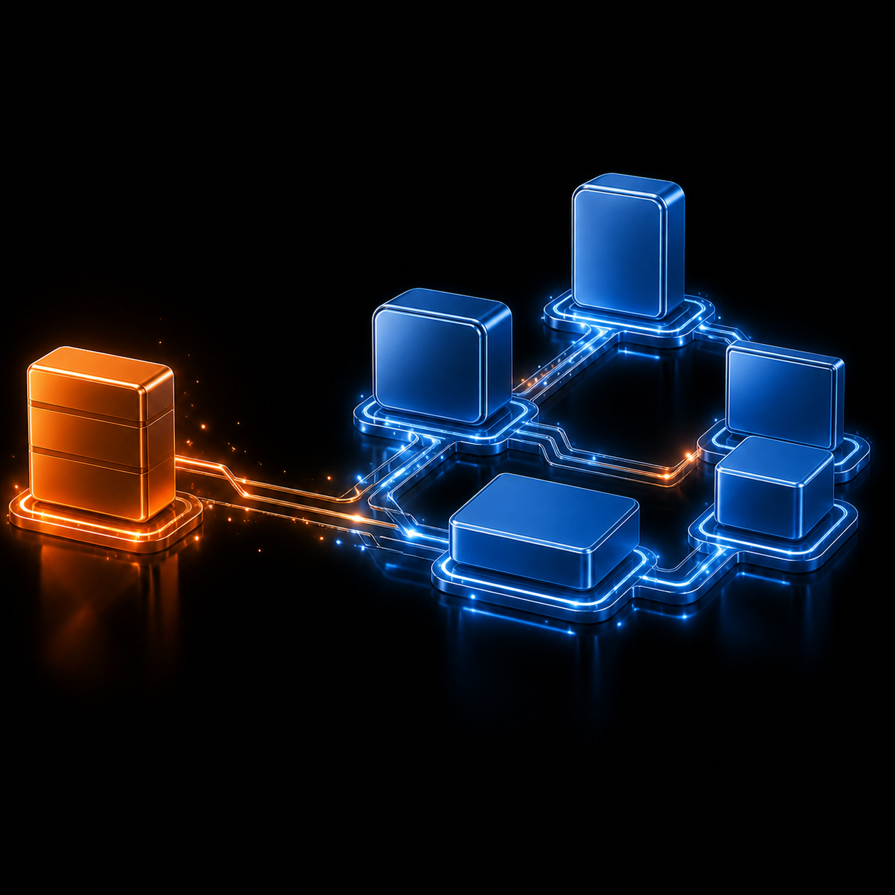One orange service connecting to an organized blue digital workforce